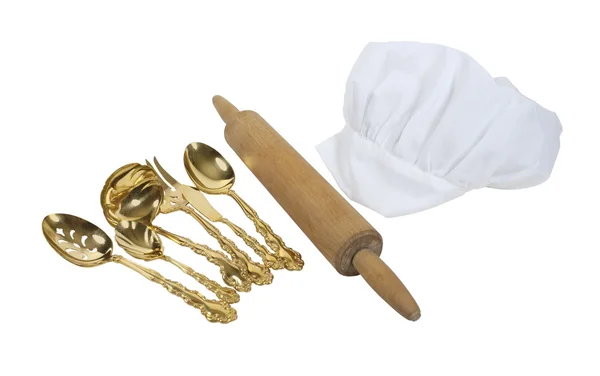 Toque Blanche with a Rolling Pin and Goldware — Stock Photo, Image