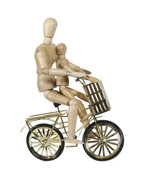 Rodzic i dziecko jazda konna złoty rower z koszykiem — Zdjęcie stockowe