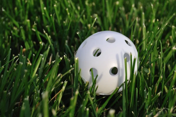 Witte kunststof wiffle golfbal — Stockfoto