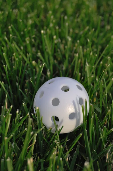 Witte kunststof wiffle golfbal — Stockfoto