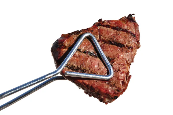 Tongs segurando carne grelhada Loin Top Sirloin Steak — Fotografia de Stock