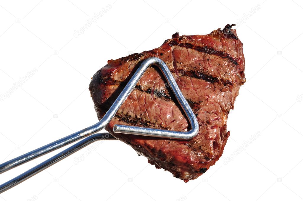 Tongs Holding Grilled Beef Loin Top Sirloin Steak