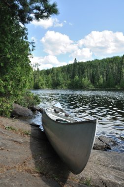 Canoe on the Shore of a Remote Wilderness Lake clipart