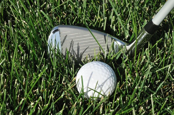 Golfboll och club i långt gräs — Stockfoto