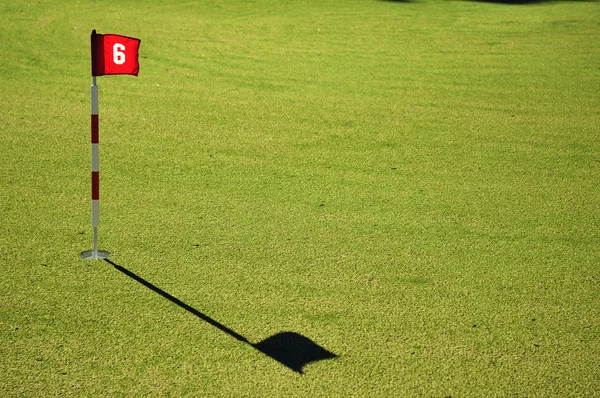Σημαία και flagstick σε ένα γήπεδο του γκολφ practive πράσινο — 图库照片