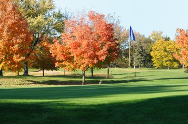 Golf yeşil ve renkli sonbahar yaprakları ile flagstick