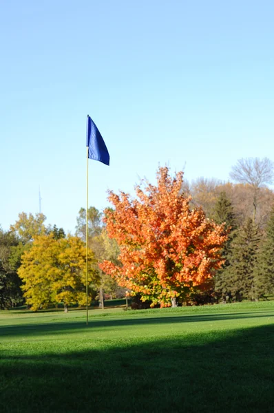 Golf flaggstången med färgglad höst löv — Stockfoto