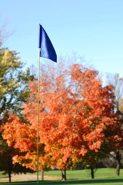 Golf Flagstick with Colorful Fall Leaves — Stock Photo, Image