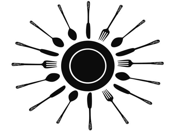Cuillère à fourchette et couteau autour du plat — Image vectorielle