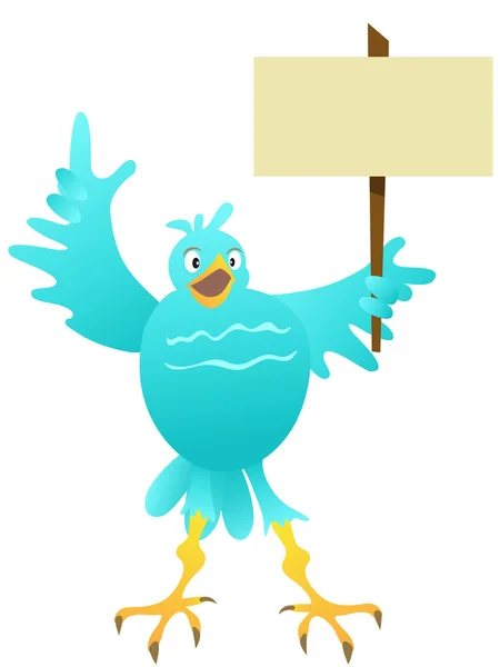 Karikatur blauer Vogel mit leerem Schild — Stockvektor
