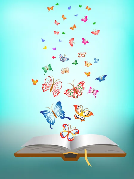 Farfalla che vola intorno al libro — Vettoriale Stock
