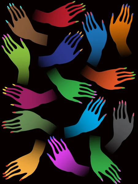 Mãos femininas coloridas criativas no fundo preto —  Vetores de Stock