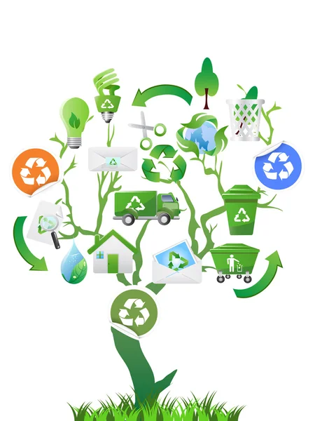 Árbol verde con iconos ecológicos — Vector de stock