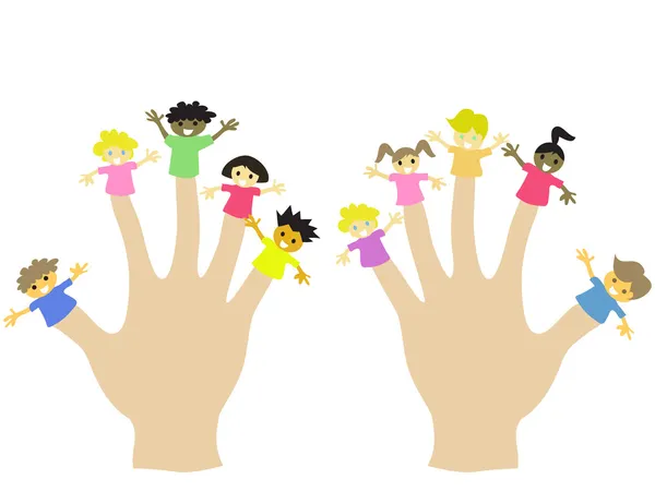 Hand wearing 10 finger children puppets — Stock Vector
