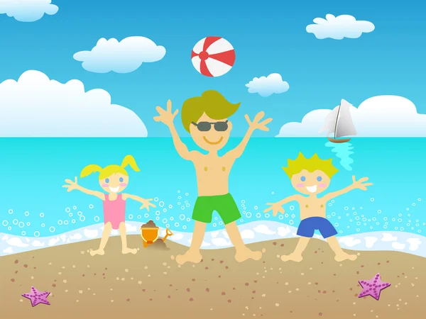 Ojciec i dzieci na plaży — Wektor stockowy