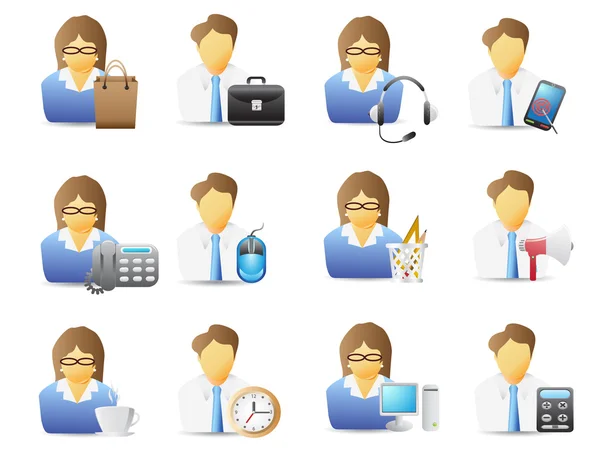 Ícones de trabalhadores de escritório com ferramentas de escritório — Vetor de Stock