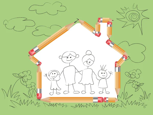 用铅笔在房子的形状和涂鸦家庭 — 图库矢量图片