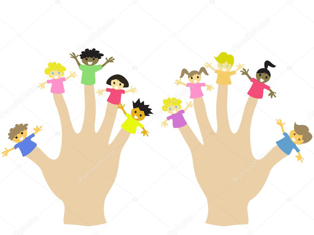 Hand wearing 10 finger children puppets