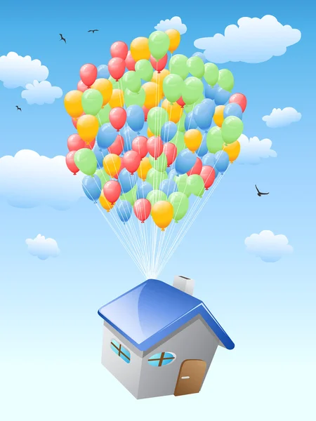 House with balloons flying in the blue sky — Stock Vector