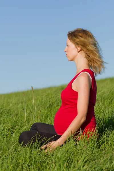 Gravid kvinna på äng — Stockfoto