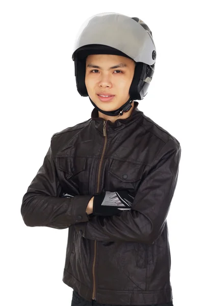 Motociclista com capacete e equipamento de equitação — Fotografia de Stock