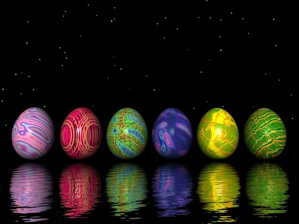 Easter colored eggs upon water by night — Stock Photo, Image