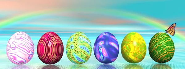 Easter colored eggs and rainbow — Stock Photo, Image