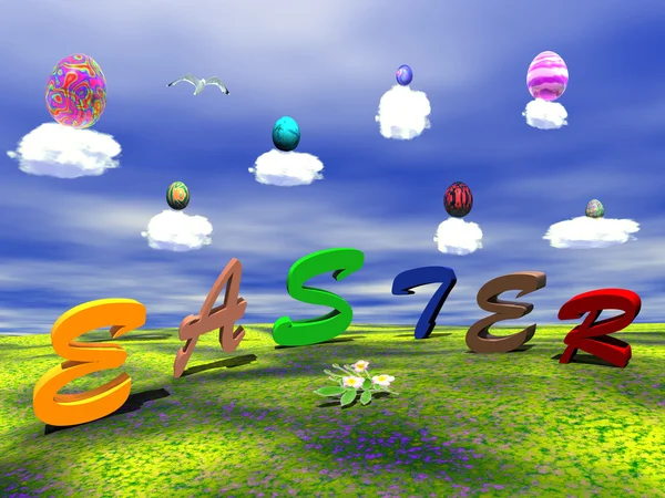Easter colored eggs upon clouds — Stock Photo, Image