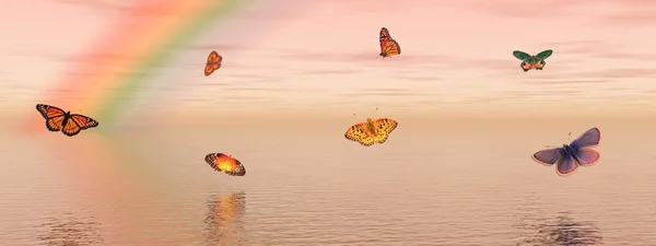 Butterflies and rainbow — Stock Photo, Image