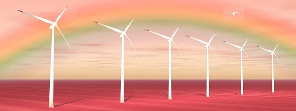 Regenboog en wind turbines — Stockfoto
