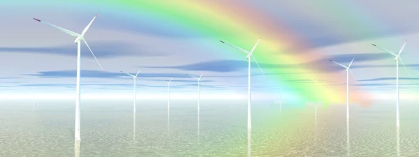 Rainbow och vindkraft turbiner — Stockfoto