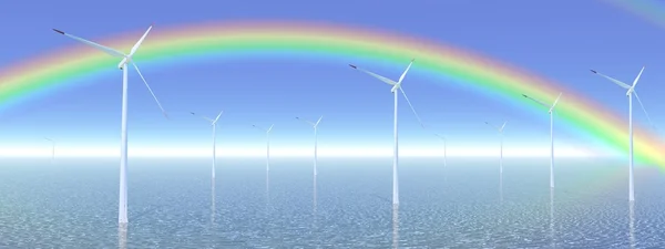 Rainbow a větrné turbíny — Stock fotografie