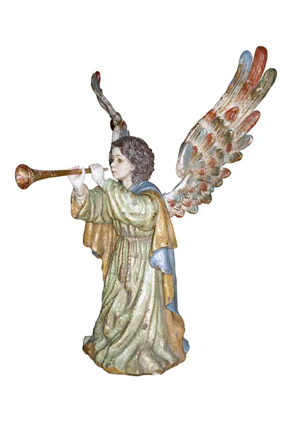 Angel with trumpet, baroque polychromed sculpture. — Stock Photo, Image
