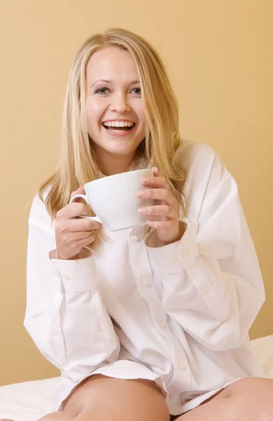 Happy Young Woman Drinking in Casual Attire Upon Waking Up — Stock Photo, Image