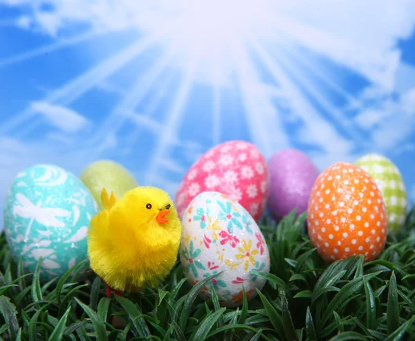 Fényes húsvéti tavaszi tojás a fűben — Stock Fotó