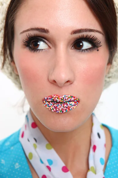 Colorful Candy Covered Lips on a Beautiful Brunette Model — Stock Photo, Image