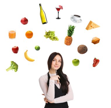 Young lady choosing from a variety of products clipart