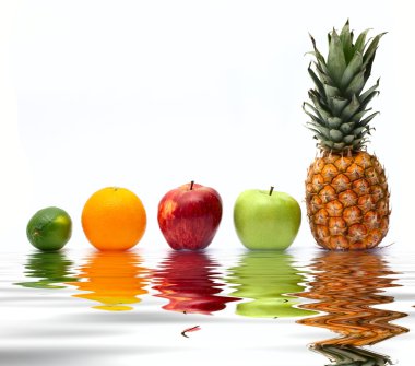 Row of fresh fruits over water clipart