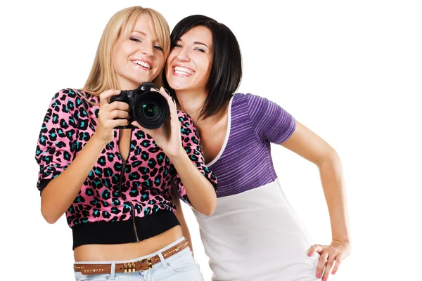 Dois amigos adoráveis com uma câmera — Fotografia de Stock