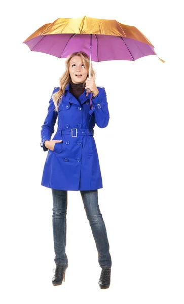 Lovely surprised woman with umbrella — Stock Photo, Image