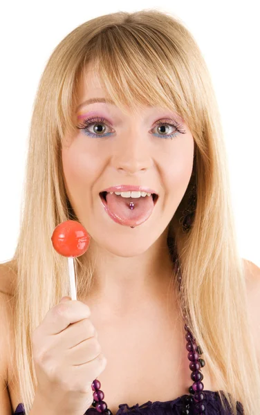 Mujer joven divertida con una piruleta — Foto de Stock
