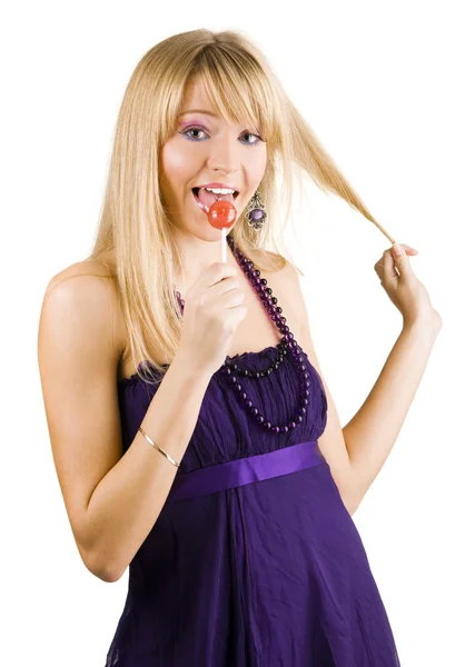 Funny young woman with a lollipop — Stock Photo, Image