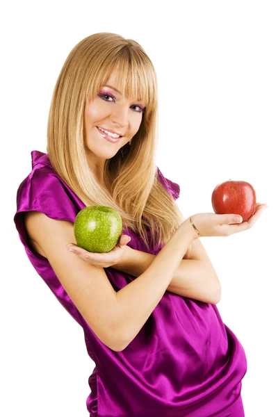 Cheerful young woman holding fresh apples — Stock Photo, Image