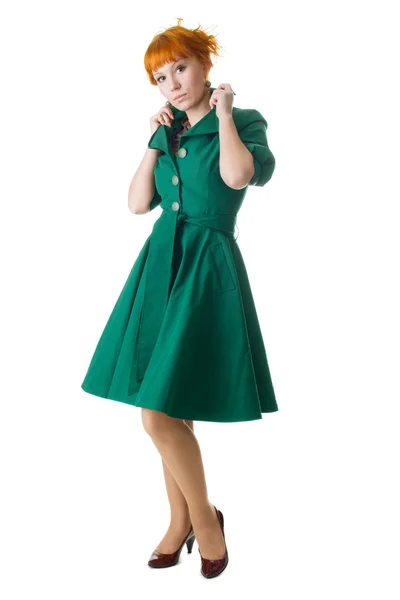 Krásná dáma v zeleném podzimní kabát — Stock fotografie