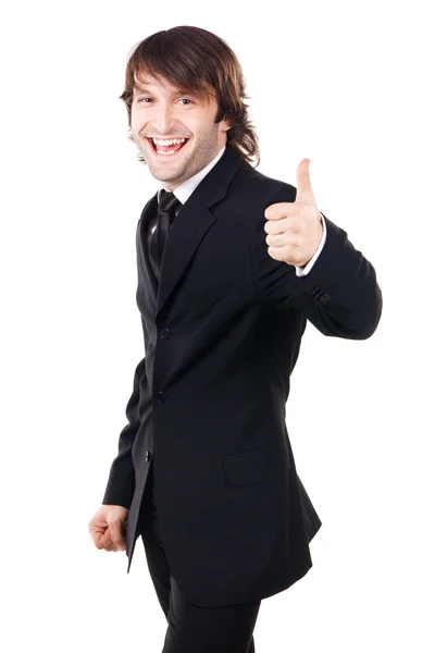 Empresário alegre mostrando sinal "Polegares para cima" — Fotografia de Stock