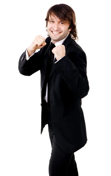 Young funny businessman in boxing pose — Stock Photo, Image