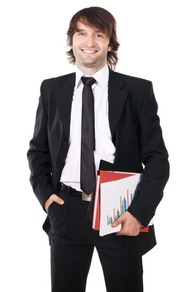 Glada affärsman med ett papper och mappar — Stockfoto