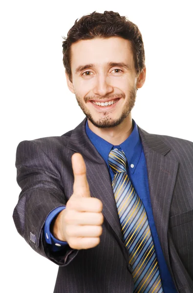 Přátelské podnikatel ukazuje palec nahoru znamení — Stock fotografie
