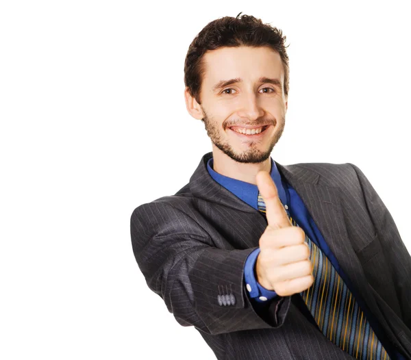 Přátelské podnikatel ukazuje palec nahoru znamení — Stock fotografie