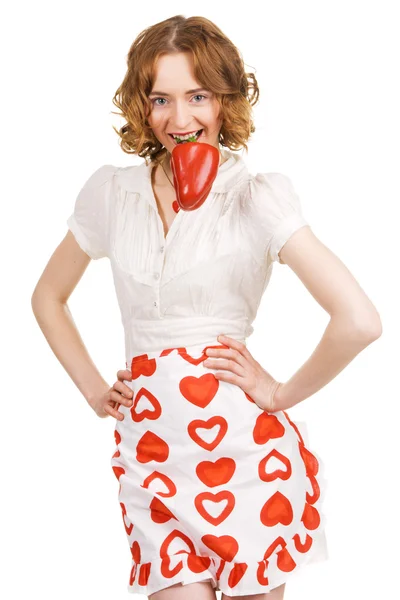 Mladá krásná žena drží paprikou — Stock fotografie